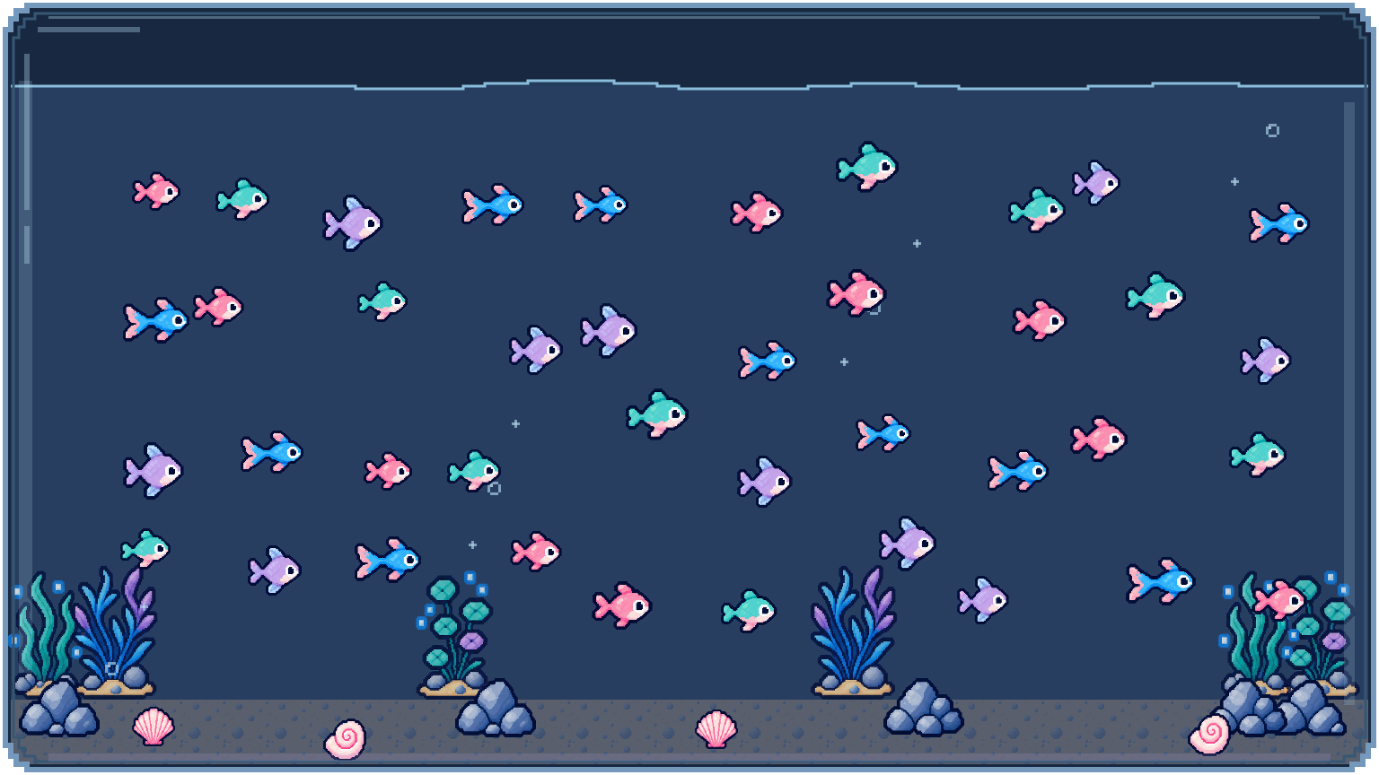 A pixel aquarium with 40 fish in four series