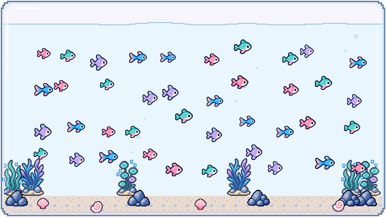 A pixel aquarium with 40 fish in four series